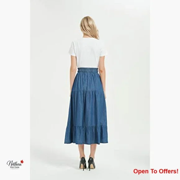 A-Line Midi Denim Skirt with Pleated Layers and Elastic Waist - Picture 4 of 6